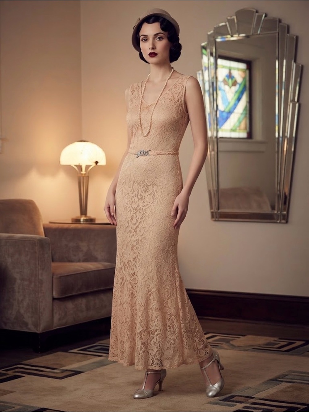 Vintage 1930s Peach Floral Lace Slip Dress
